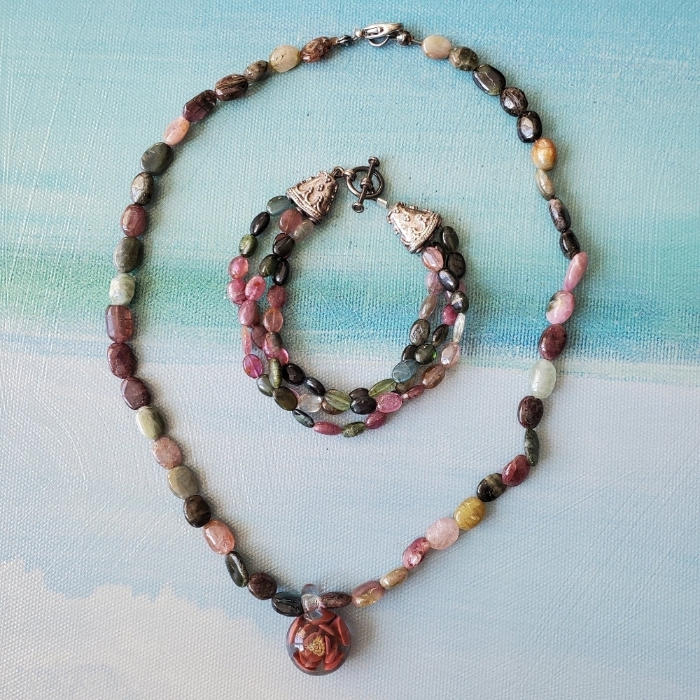 Tourmaline Necklace w/ Glass Cabochon & Bracket - Picture 3 of 16